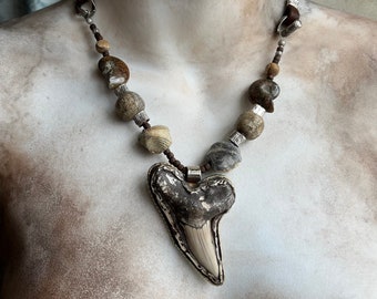 Fossil shark tooth reversible necklace by AnvilArtifacts with fossil ammonites and fossil brachiopods and fossil bone bead