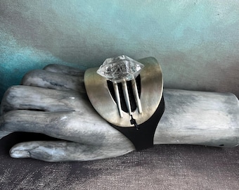 enhydro quartz crystal and black leather bracelet with European antique buckle by AnvilArtifacts, rocker chic,