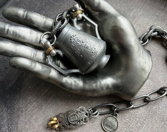 antique French vessel necklace adorned with Eiffel tower and The Louvre charms on chunky chain by Anvilartifacts