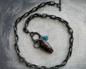 rustic artifact charm necklace with Celtic ring money and apatite nugget by AnvilArtifacts, St Lawrence Island artifact