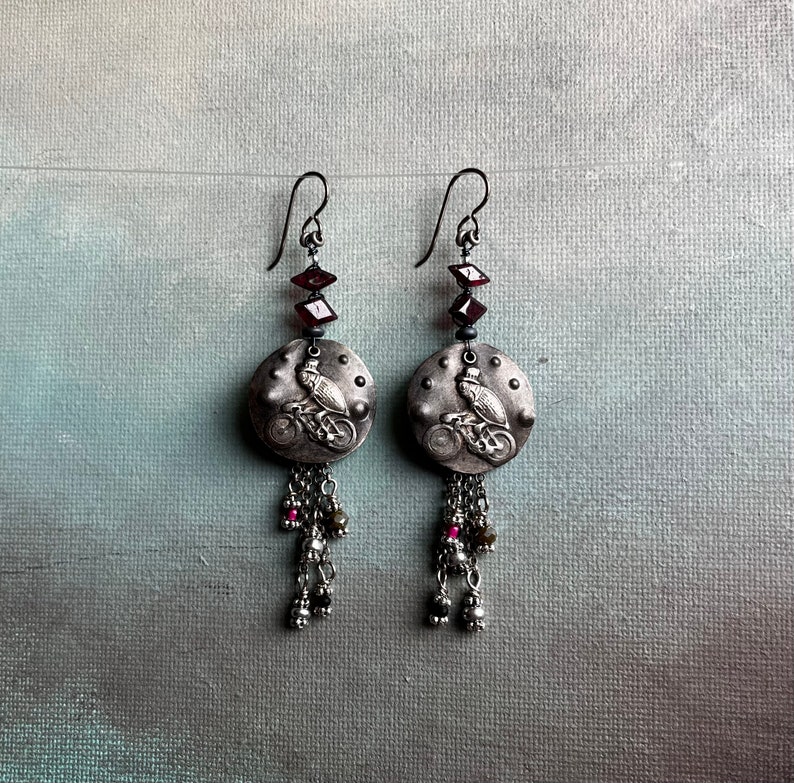 garnet earrings with performing Fleas at the Circus by AnvilArtifacts, whimsical, unique artisan jewelry, mixed metal jewelry image 8