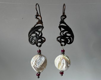 pearl and ruby earrings by AnvilArtifacts, rustic romance, pearl jewelry, rustic elegance, mixed metal jewelry