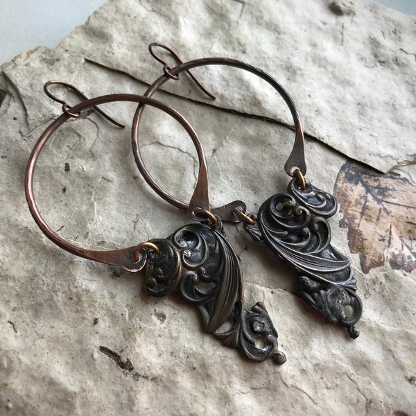 Hoops the Ancient Hoard Series earrings by AnvilArtifacts, ancient style jewelry with hammered hoops and filigree,