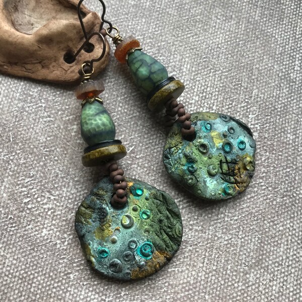 Lagoon assemblage earrings, Baltic amber earrings with artisan ceramics and agate in cool water colors, Anvil Artifacts