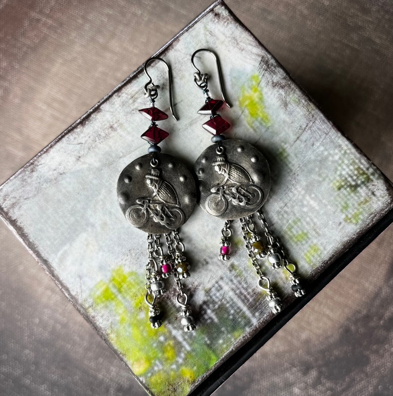 garnet earrings with performing Fleas at the Circus by AnvilArtifacts, whimsical, unique artisan jewelry, mixed metal jewelry image 5