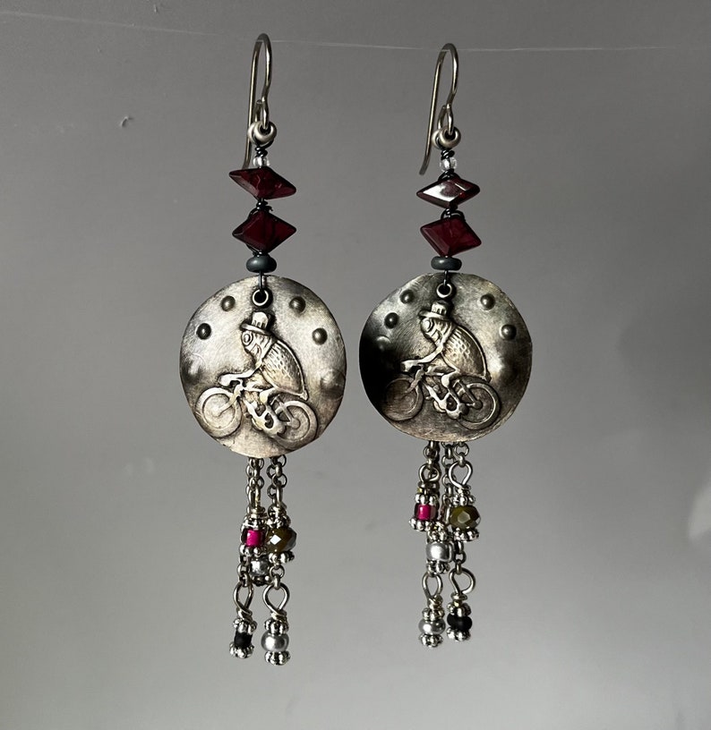 garnet earrings with performing Fleas at the Circus by AnvilArtifacts, whimsical, unique artisan jewelry, mixed metal jewelry image 1