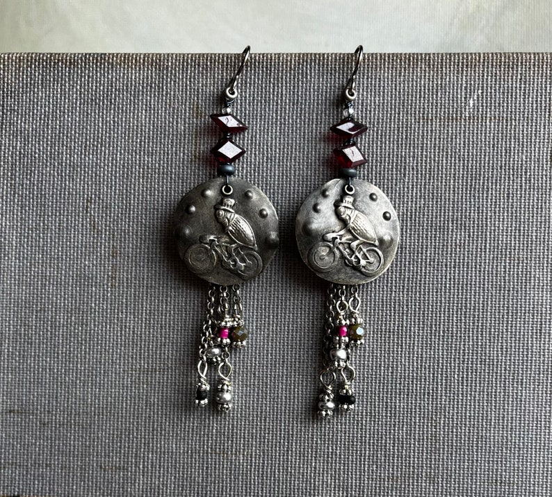 garnet earrings with performing Fleas at the Circus by AnvilArtifacts, whimsical, unique artisan jewelry, mixed metal jewelry image 3