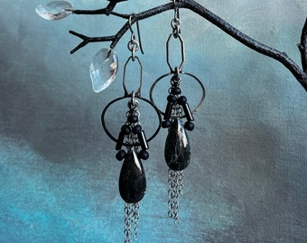 Black kyanite earrings by AnvilArtifacts with a positive negative framework, fringe earrings, darkened metal, Bohemian chic jewelry