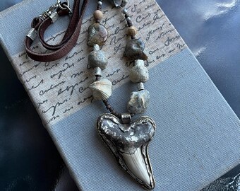 reversible necklace with fossilized shark tooth ammonite brachiopods and fossil beads by AnvilArtifacts