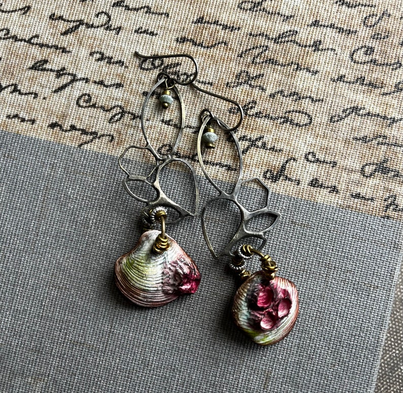ceramic seashells with barnacles earrings by AnvilArtifacts with a positive negative framework, tidal pool, darkened metal, ceramic jewelry image 1