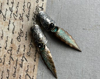 Medieval inspired mixed metal earrings with verdigris spikes and metal cameos by Anvil Artifacts,