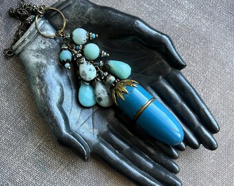 mid century blue enamel sewing kit necklace by AnvilArtifacts, Amazonite and sesame jasper stones