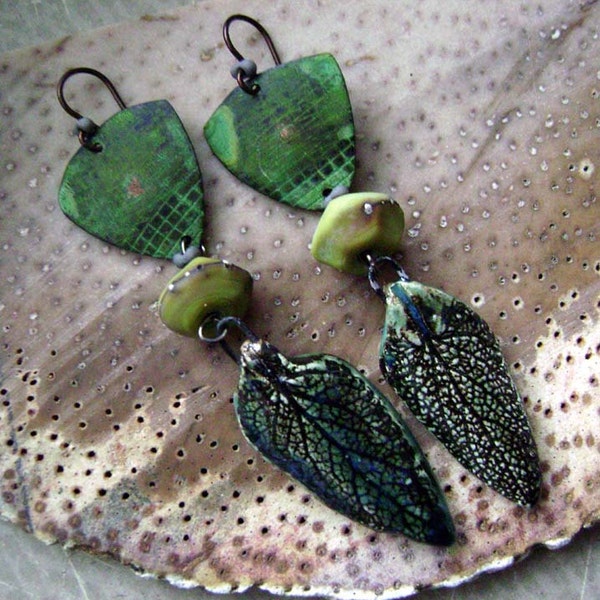 textured metal, verdigris patina, rustic, green, metalwork, ceramic leaves, handmade, dangle, textured metal, earrings, anvilartifacts, ooak