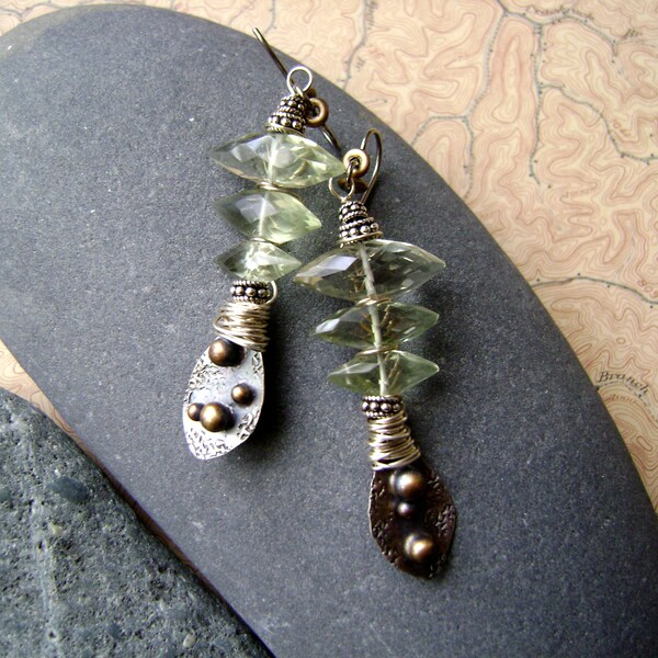 RESERVED SOLD, Prasiolite earrings, mixed metal earrings, handcrafted silver earrings, green amethyst, asymmetrical earrings, AnvilArtifacts