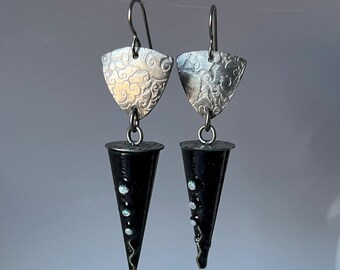 mixed metal black textured cone earrings with cloud pattern shields by AnvilArtifacts