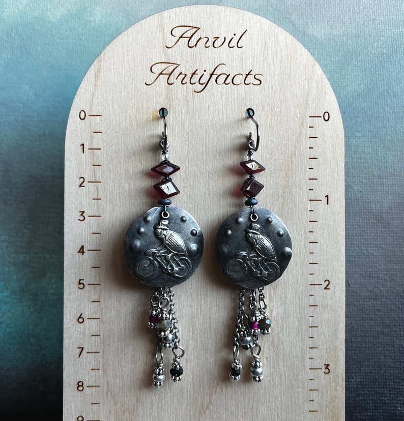 garnet earrings with performing Fleas at the Circus by AnvilArtifacts, whimsical, unique artisan jewelry, mixed metal jewelry image 9