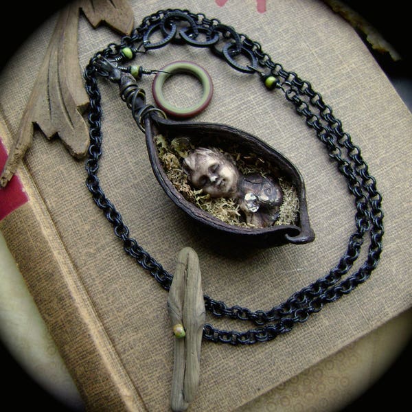 Woodland Wonder assemblage necklace, organic pod jewelry, herkimer diamond, asymmetrical necklace, garden jewelry, seedpods, AnvilArtifacts