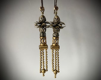Fringe earrings by AnvilArtifacts with filigree blooms, romantic jewelry