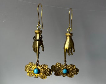 bronze hand earrings by AnvilArtifacts with European antique panel with turquoise glass setting, hand jewelry, mixed metal jewelry