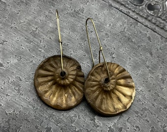 ceramic fossil ammonites with pit fired smoke patina and sterling silver earrings by AnvilArtifacts, organic, rustic, lightweight earrings,