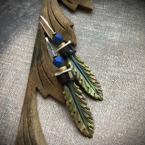 acanthus leaf earrings by AnvilArtifacts with sterling and lapis lazuli with garnets and mop, ooak unique, rustic modern, artisan jewelry