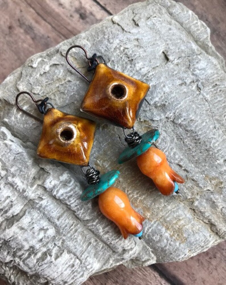 AnvilArtifacts Desert Blooms rustic jewelry carved stone flower earrings with turquoise and artisan ceramics