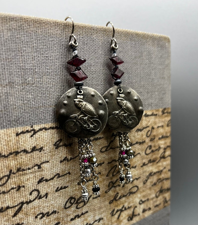 garnet earrings with performing Fleas at the Circus by AnvilArtifacts, whimsical, unique artisan jewelry, mixed metal jewelry Bild 7