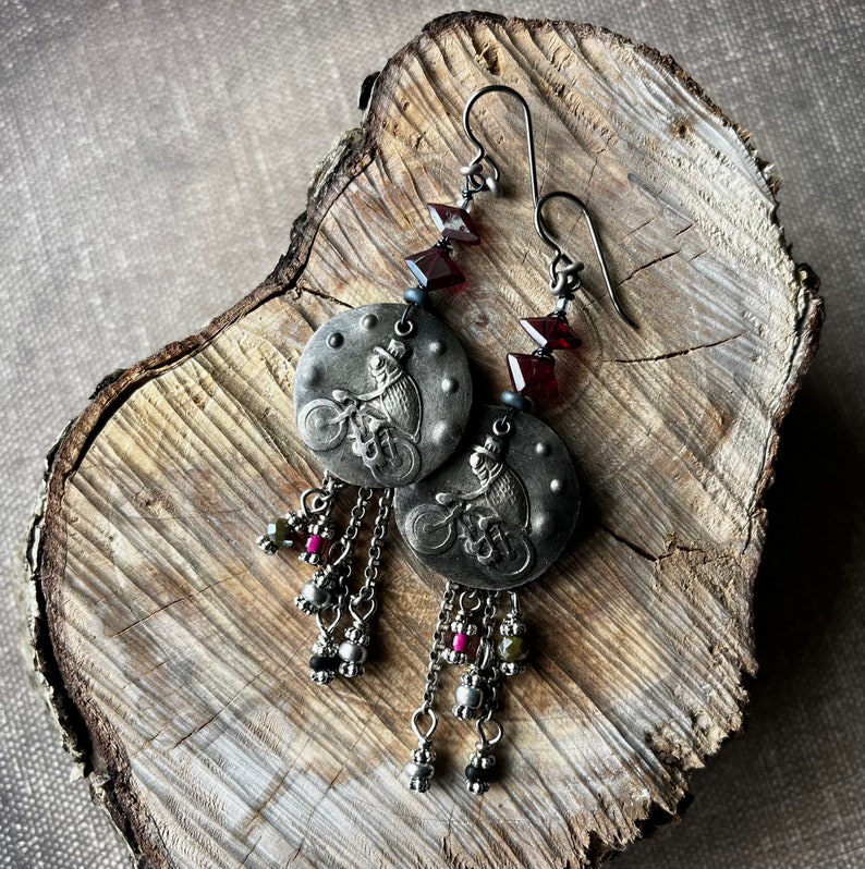 garnet earrings with performing Fleas at the Circus by AnvilArtifacts, whimsical, unique artisan jewelry, mixed metal jewelry Bild 6