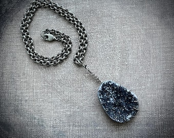 natural black druzy and sterling silver pendant on textured chain by AnvilArtifacts, adjustable length