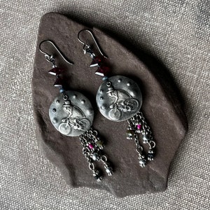 garnet earrings with performing Fleas at the Circus by AnvilArtifacts, whimsical, unique artisan jewelry, mixed metal jewelry image 4