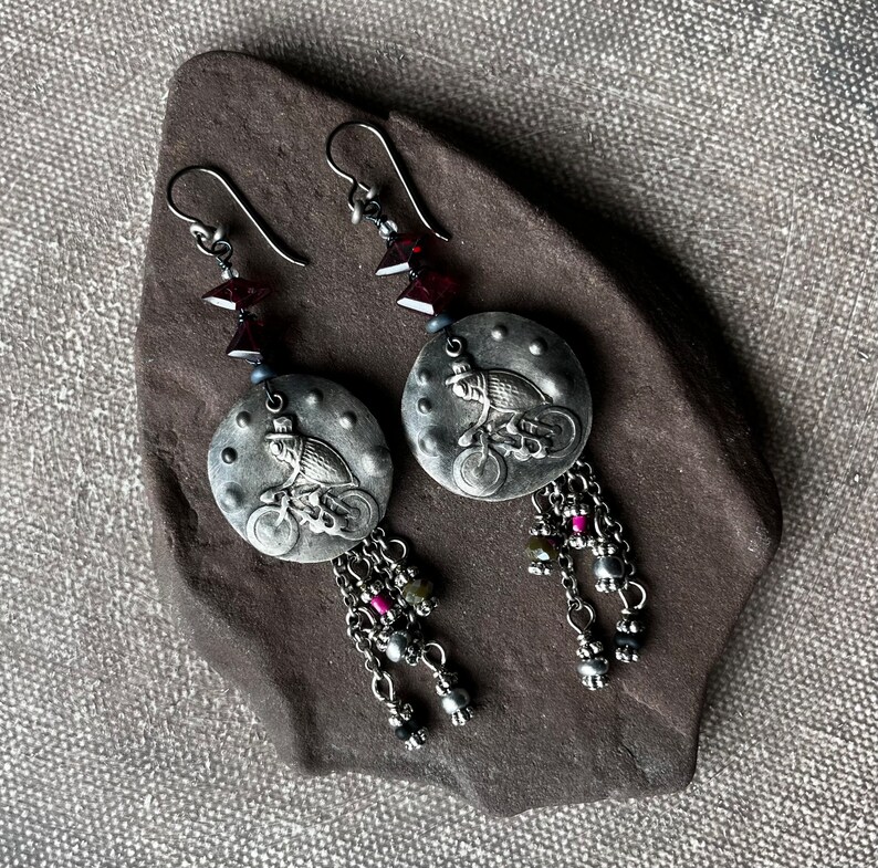 garnet earrings with performing Fleas at the Circus by AnvilArtifacts, whimsical, unique artisan jewelry, mixed metal jewelry image 4