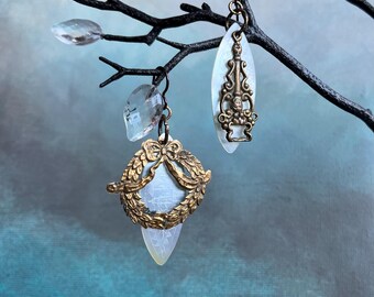 antique mother of pearl game counter earrings with asymmetrical European brass stampings by AnvilArtifacts