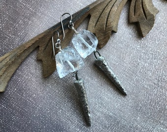 quartz crystal earrings with platinum glazed ceramic icicles by AnvilArtifacts, icebergs and icicles, silver spike jewelry,