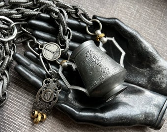 antique French vessel necklace by AnvilArtifacts with Eiffel tower and The Louvre charm with textured chunky cable chain