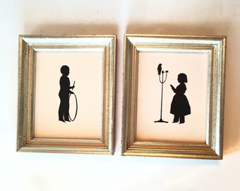 Pair of Silhouettes Borghese Italy Children Pictures Art Wall Hanging