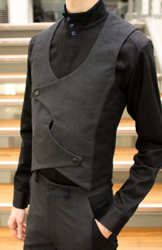 Items similar to Men's Charcoal Twill & Linen Cross-front Vest on Etsy