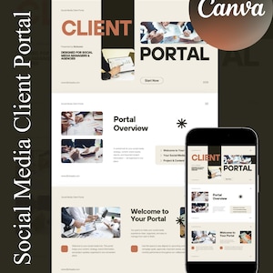 Puede incluir: Una plantilla digital para un portal de clientes de redes sociales mostrada en una pantalla y un teléfono inteligente. El diseño presenta secciones en beige y negro con texto que incluye Client Portal, Portal Overview y Welcome to Your Portal, junto con imágenes de personas trabajando con documentos.