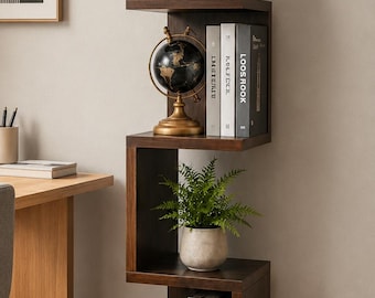 Modern Zigzag Bookshelf, Rustic Wood Display Shelf, Living Room Storage Bookcase