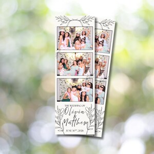 May include: A vertical photo booth strip featuring three stacked frames of people posing, decorated with black line art of olive branches. The bottom section displays the text THE WEDDING OF Olivia & Matthew JUNE 30TH, 2026 in a serif font.