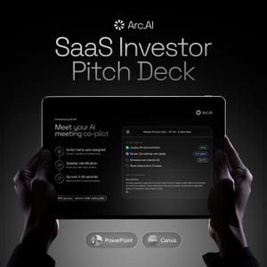 May include: A digital tablet displaying an Arc.AI SaaS investor pitch deck presentation. The screen shows a meeting co-pilot interface with action items, speaker identification, and sync features, alongside PowerPoint and Canva software logos.