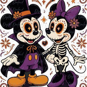 May include: A digital illustration featuring two cartoon mice characters with sugar skull face paint. The left character wears a top hat and cape, while the right character wears a bow and a skeleton ribcage design, surrounded by orange floral motifs.