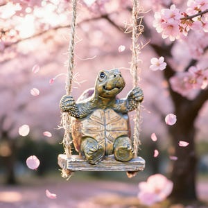 Cute Swing Turtle Ornament,Vintage Bronze Resin Tortoise Tree Decor, Cherry Blossom Yard Hanging Figurine