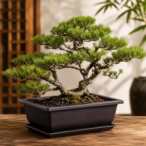 Rektangulär plastbonsai-kruka med avrinningsbricka, planteringskärl med imiterad lera