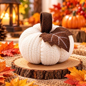 May include: A white knitted pumpkin decoration featuring a dark brown textured stem and a single dark brown felt leaf with white stitched veins. The pumpkin has a ribbed fabric texture and is round in shape, serving as a seasonal ornament.