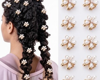 Mini Faux Pearl Flower Claw Clips, Set of 10 Gold-Tone Hair Clips for Bangs