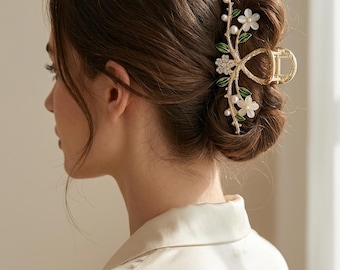 Pinza para el cabello grande con diseño floral en tono dorado, pinza de flor con perlas de imitación, accesorio para cabello grueso.