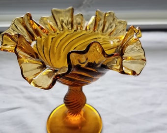 Vintage amber pedestal bowl Fenton swirl glass Colonial Thumbprint ruffled edge