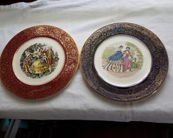 Plates 24 kt gold plates decorative plates 2 pc set red and blue with gold Victorian scenes