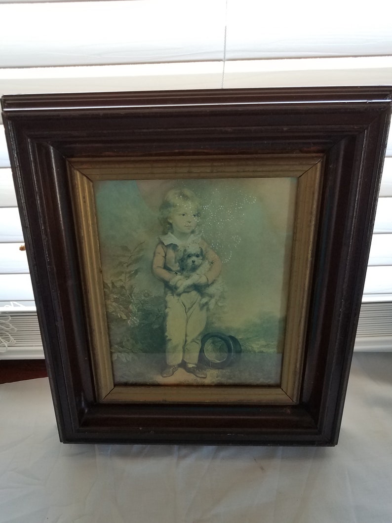 Antique Picture Frame Boy With Dog Wood Recessed Image 0
