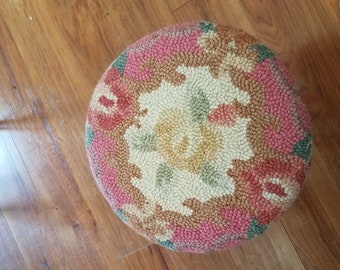 Hooked rug footstool pink and white and brown color brown legs vintage